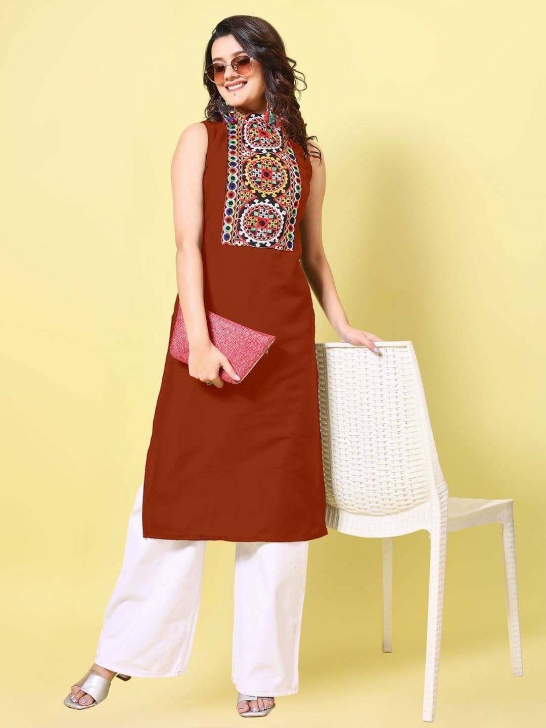 KALINI Women Cotton Blend Embroidered High Neck Straight Kurta thumbnail 3