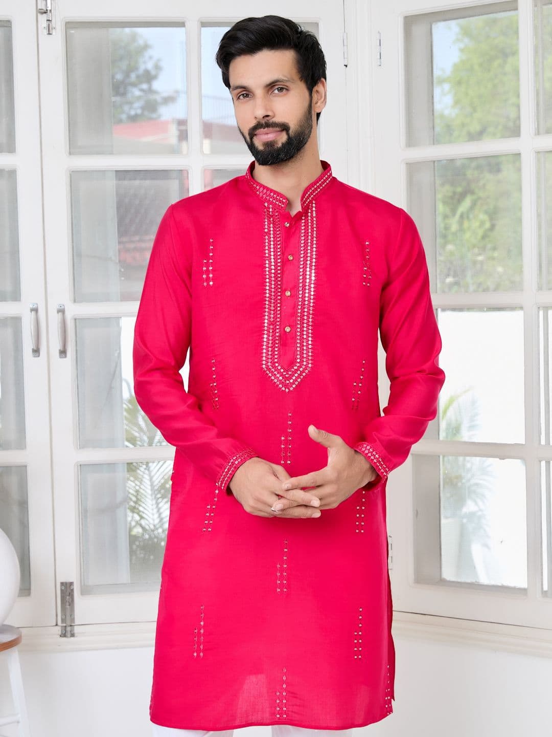 See Designs Geometric Embroidered Mandarin Collar Sequinned Cotton Chanderi Straight Kurta thumbnail 2