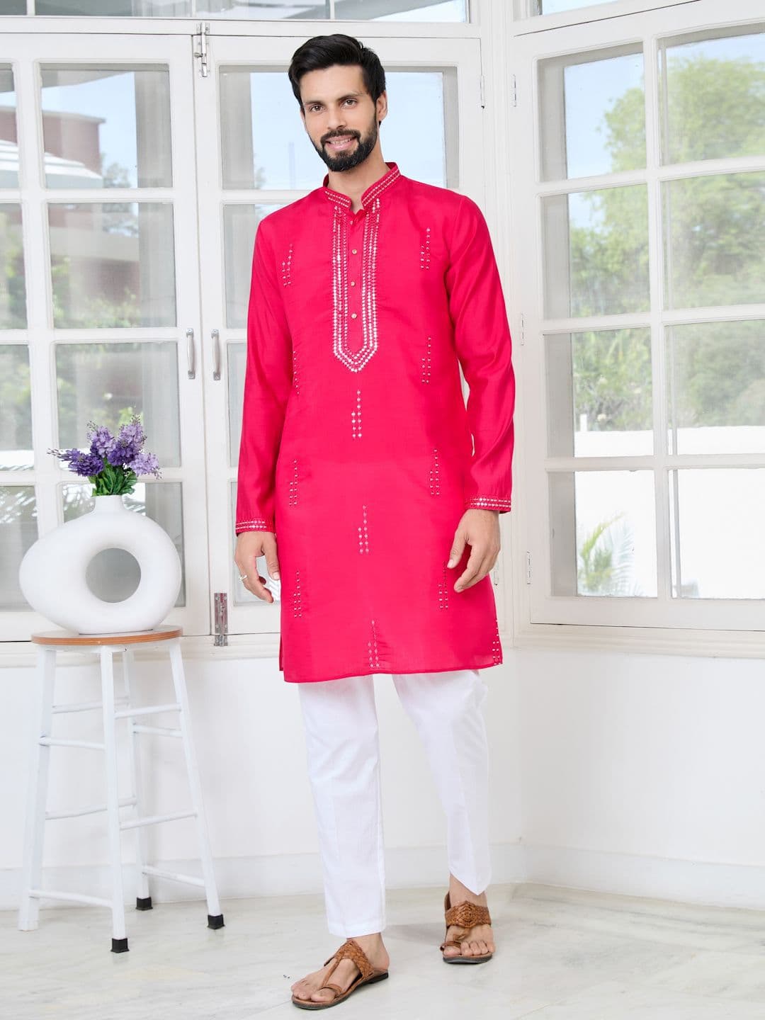 See Designs Geometric Embroidered Mandarin Collar Sequinned Cotton Chanderi Straight Kurta thumbnail 6