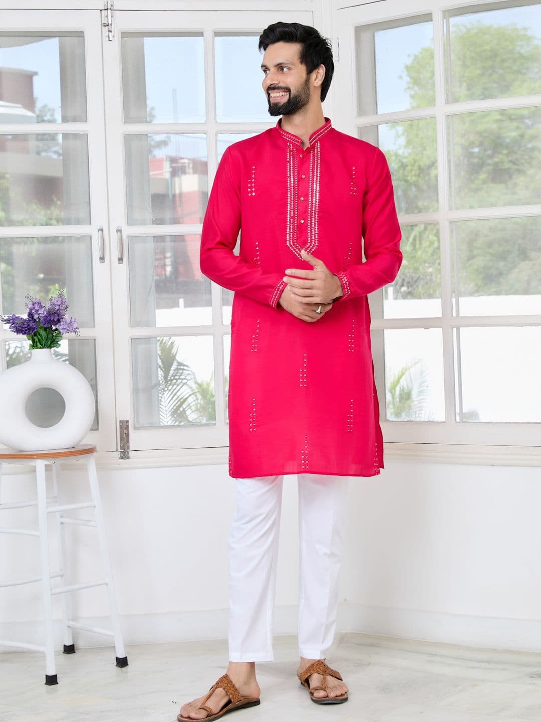 See Designs Geometric Embroidered Mandarin Collar Sequinned Cotton Chanderi Straight Kurta - view 1