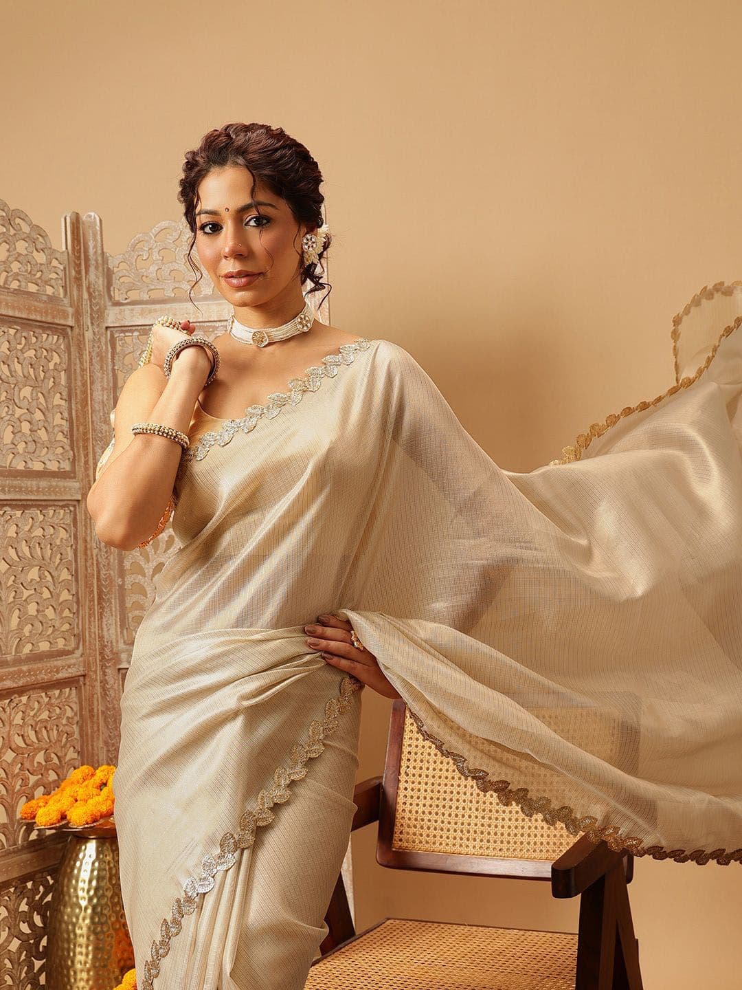 Silk Land Gotta Patti Silk Cotton Muga Saree thumbnail 4
