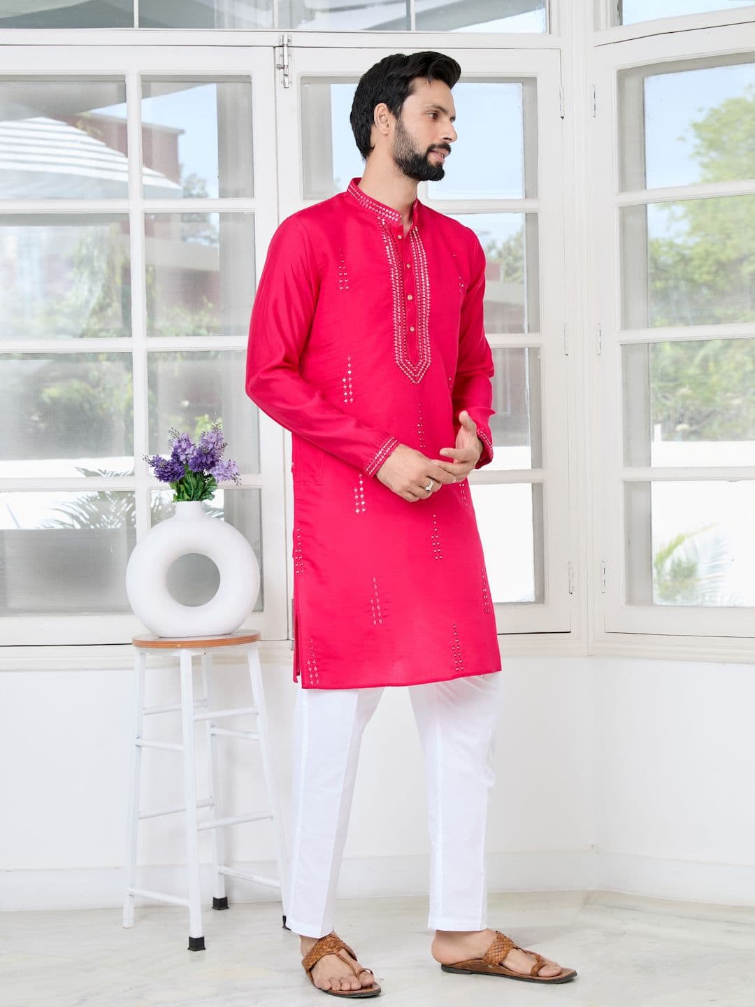 See Designs Geometric Embroidered Mandarin Collar Sequinned Cotton Chanderi Straight Kurta thumbnail 3