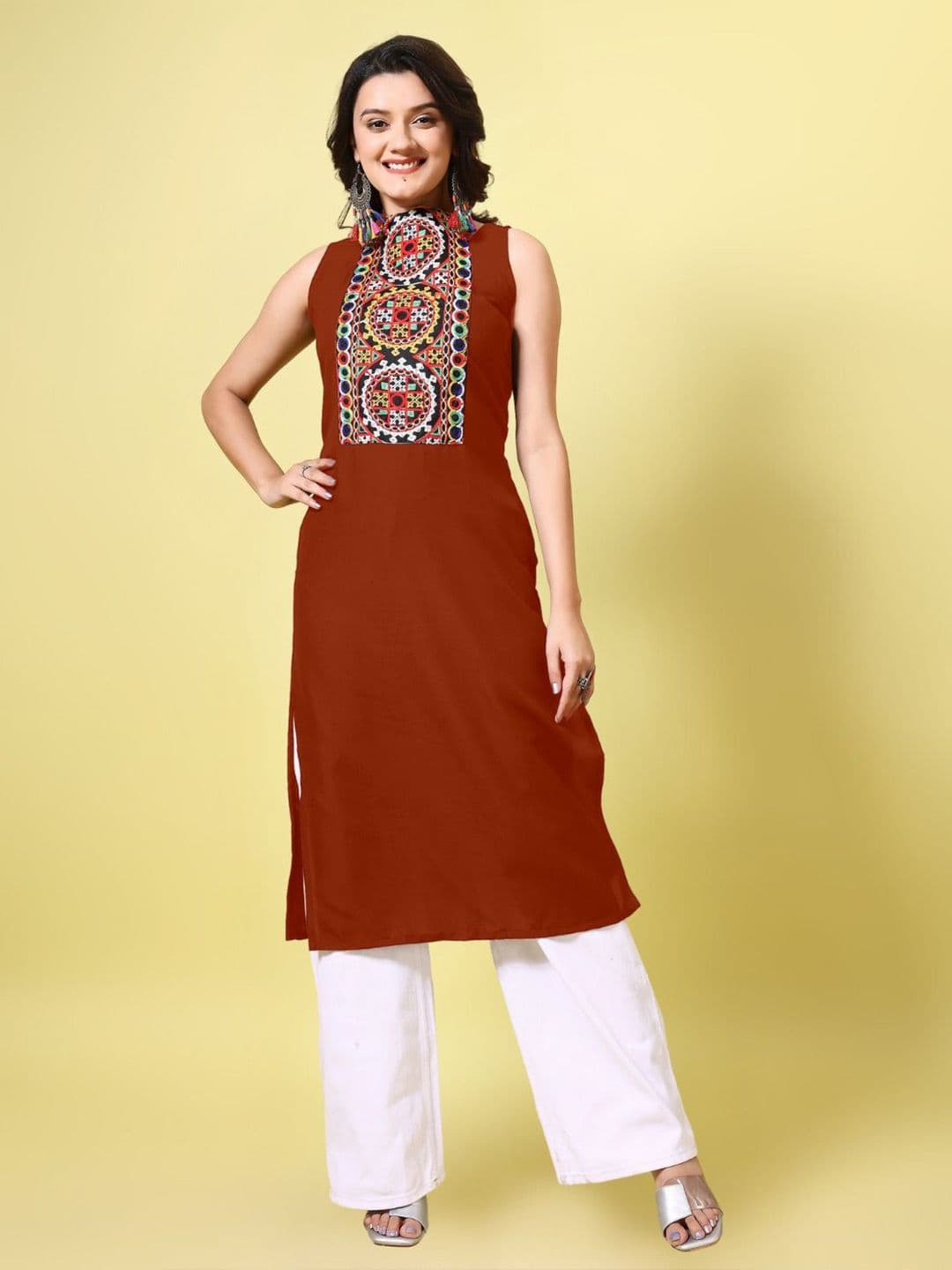 KALINI Women Cotton Blend Embroidered High Neck Straight Kurta thumbnail 4