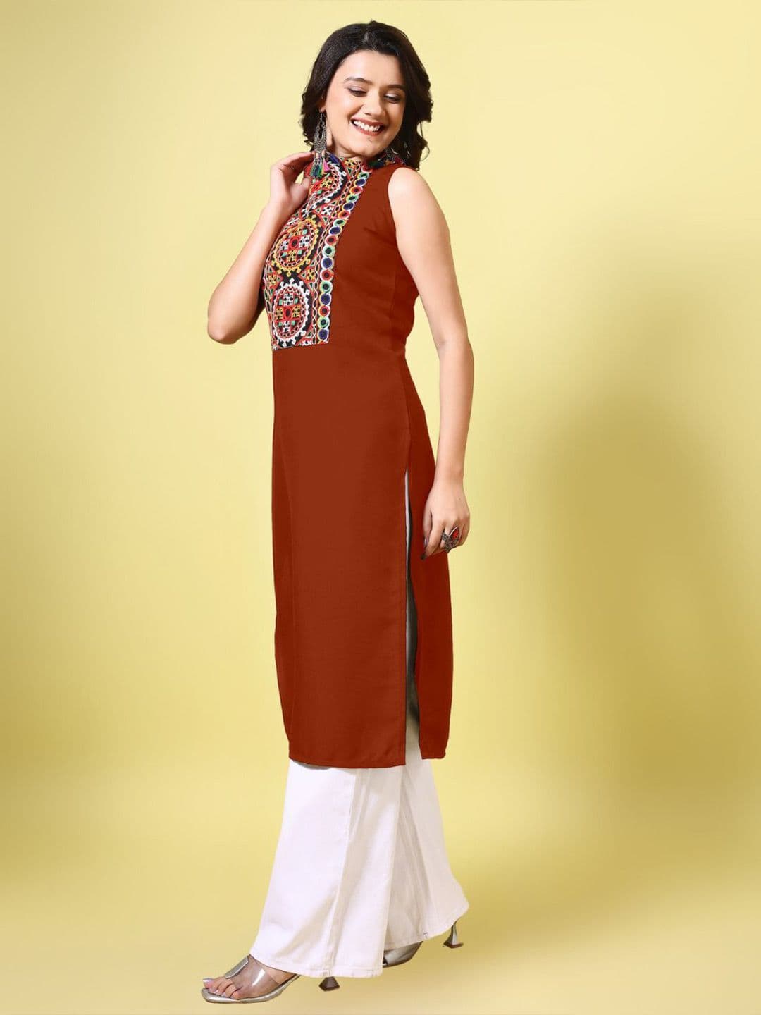 KALINI Women Cotton Blend Embroidered High Neck Straight Kurta thumbnail 2