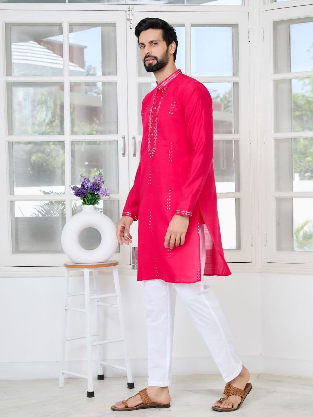 See Designs Geometric Embroidered Mandarin Collar Sequinned Cotton Chanderi Straight Kurta thumbnail 7