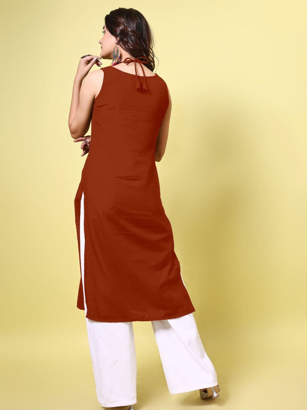 KALINI Women Cotton Blend Embroidered High Neck Straight Kurta thumbnail 5