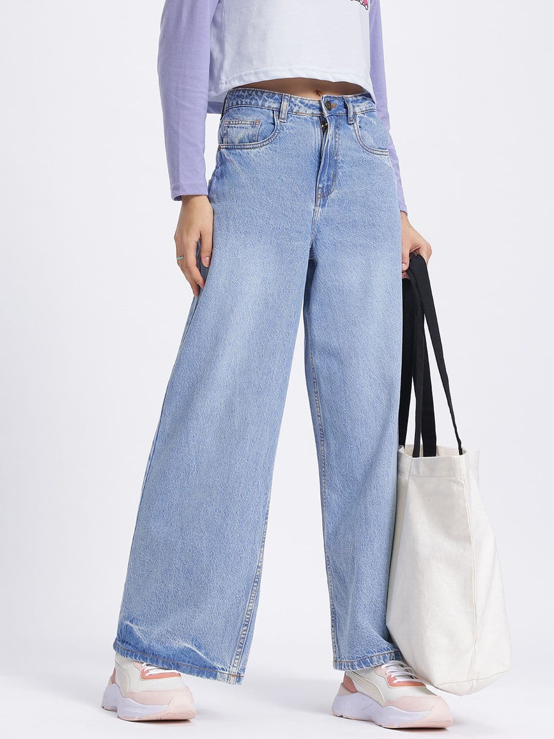 glitchez Women Light Fade Pure Cotton Baggy Wide Leg Fit Jeans - view 1