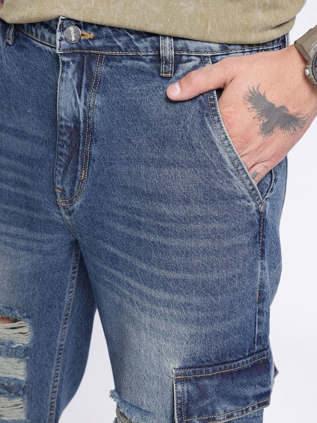 glitchez Men Relaxed Fit Ripped Heavy Fade Cargo Jeans thumbnail 3