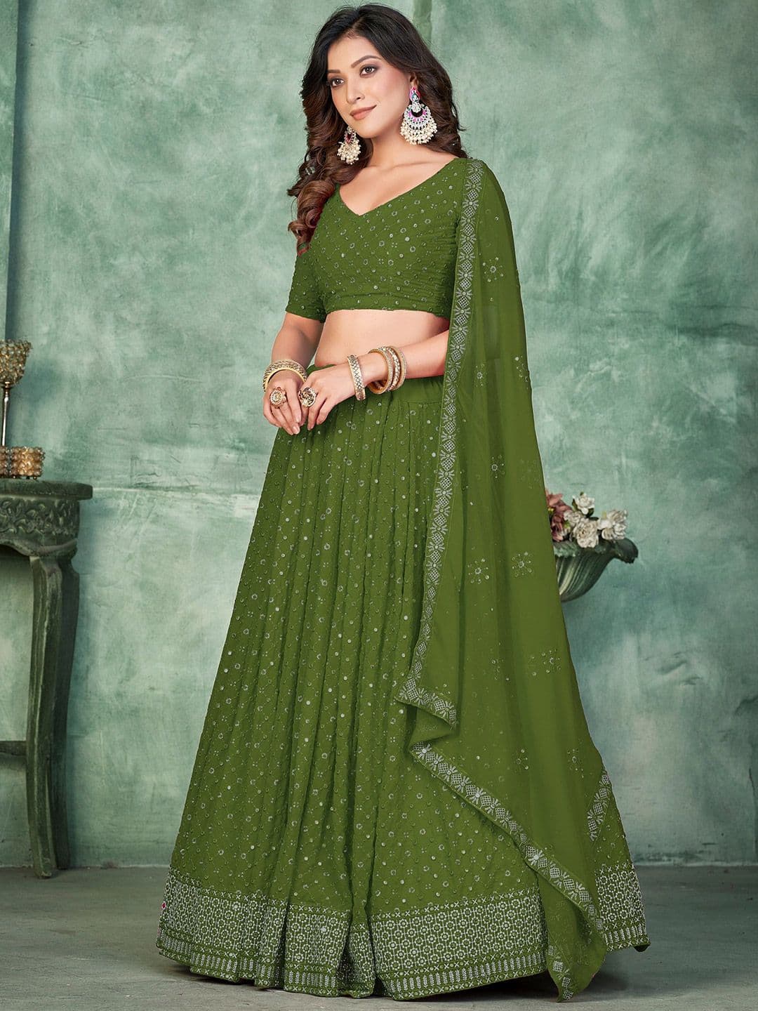 Warthy Ent Embroidered Sequinned Semi-Stitched Lehenga & Unstitched Blouse With Dupatta thumbnail 4