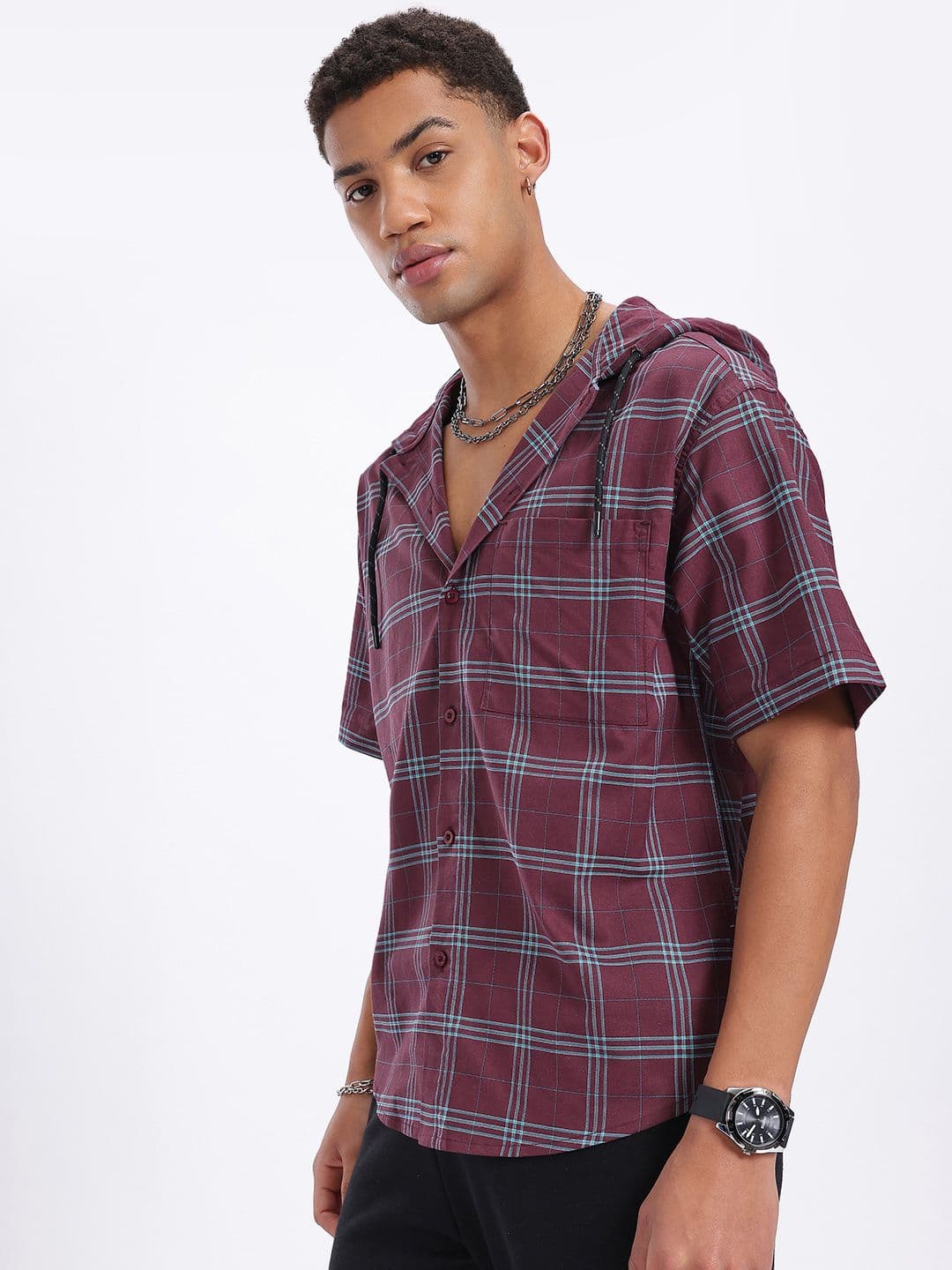 glitchez Hooded Checked Relaxed Fit Shirt - view 1