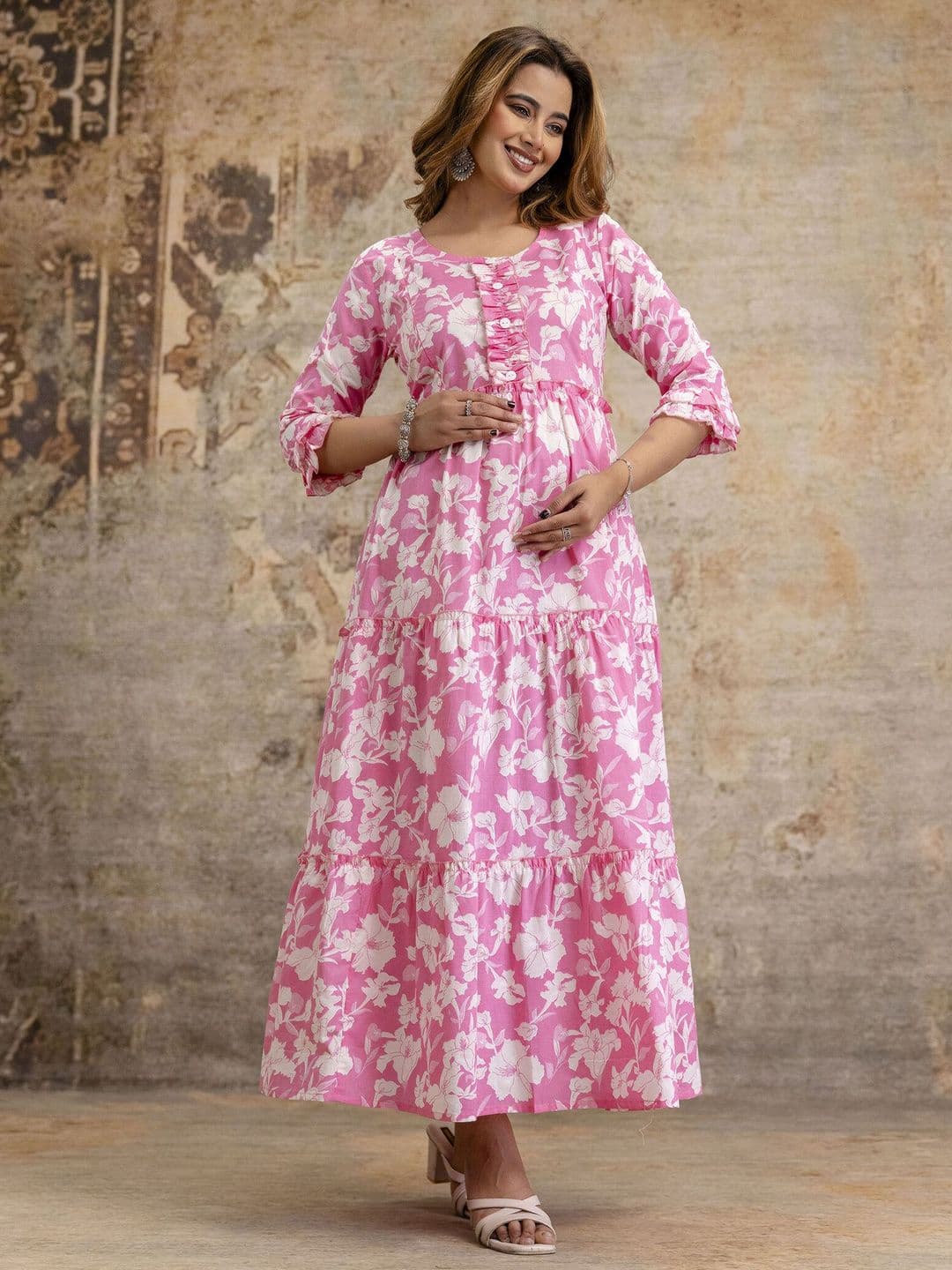 Henal Women Floral Print Maternity Fit & Flare Midi Dress thumbnail 2