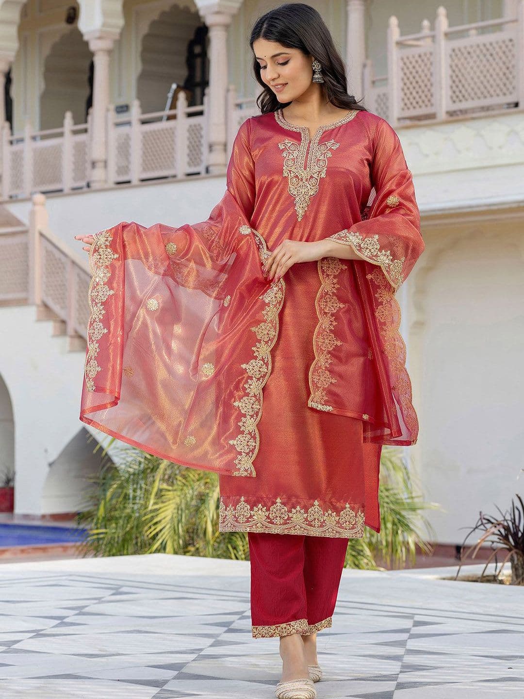 SANISA Women Ethnic Motifs Embroidered Regular Sequinned Kurta with Trousers & With Dupatta thumbnail 3