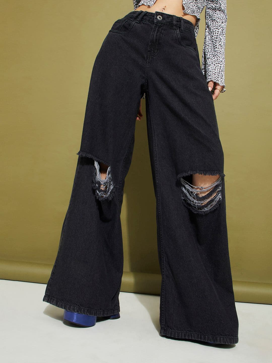 glitchez Ripped Pallazzo Baggy Fit Jeans thumbnail 3