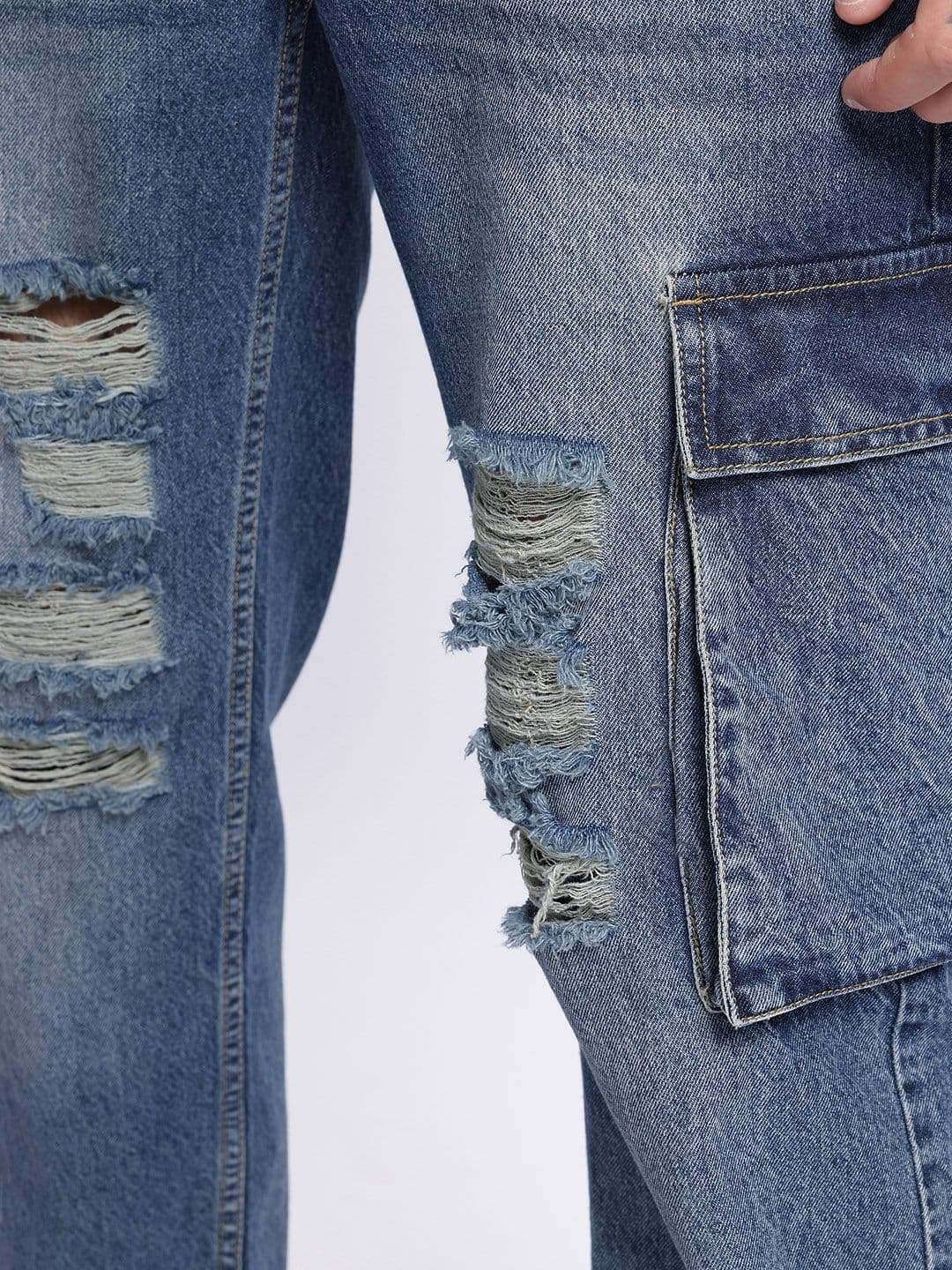 glitchez Men Relaxed Fit Ripped Heavy Fade Cargo Jeans thumbnail 7