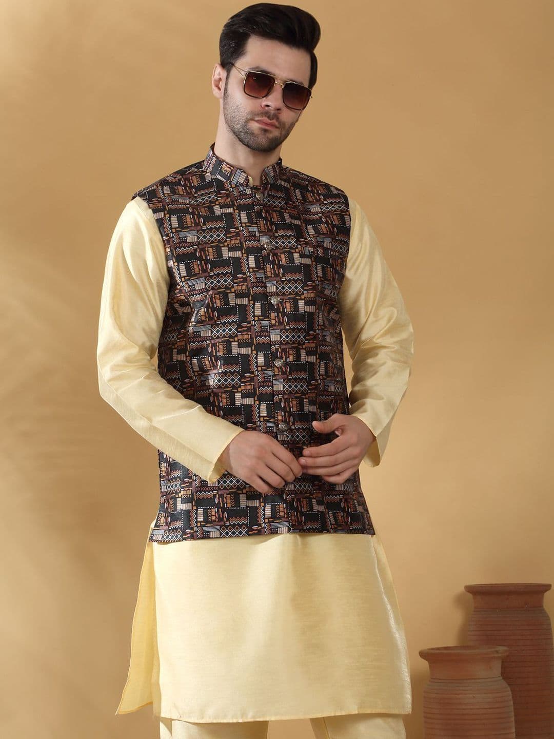 KRAFT INDIA Abstract Printed Woven Nehru Jacket thumbnail 5