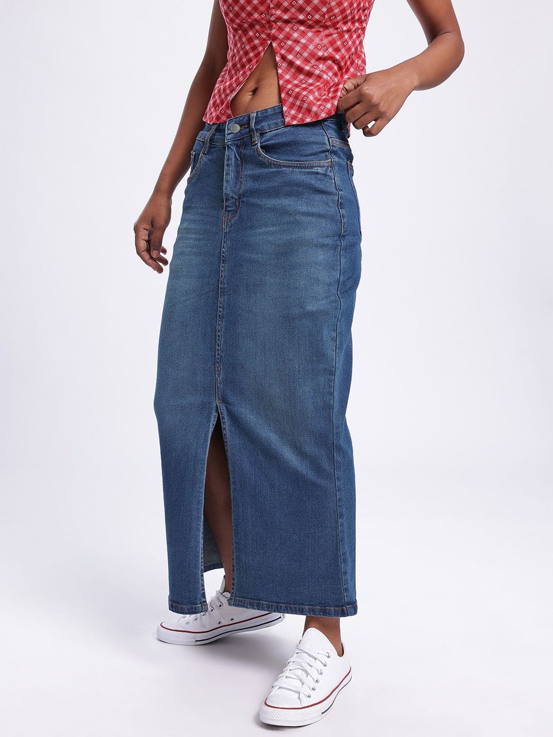 glitchez Front Slit Slim Fit Denim Maxi Skirt thumbnail 4
