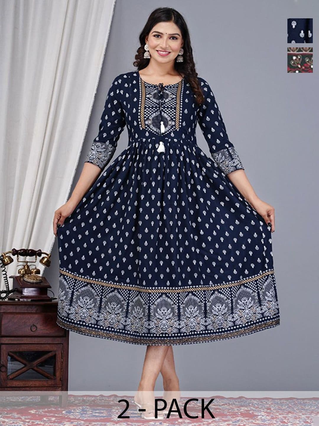 Vorcia Febtex Pack Of 2 Ethnic Motifs Printed Fit and Flare Midi Ethnic Dresses - view 1