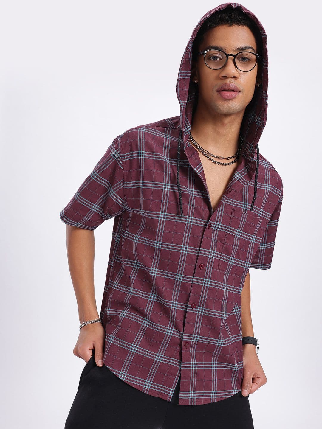 glitchez Hooded Checked Relaxed Fit Shirt thumbnail 2