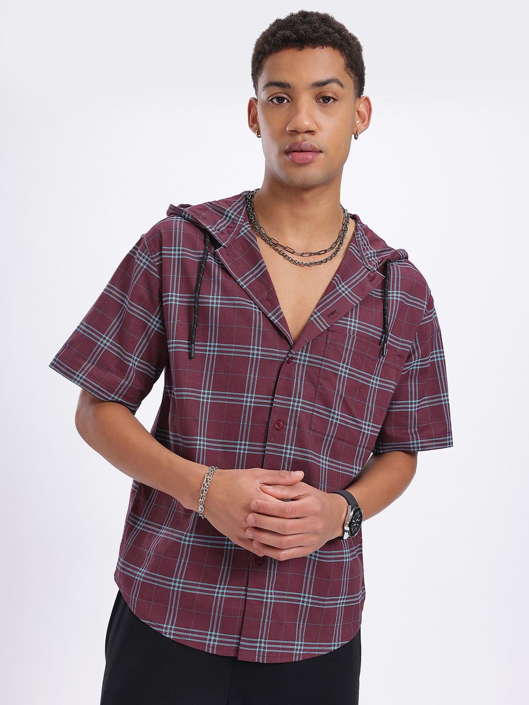 glitchez Hooded Checked Relaxed Fit Shirt thumbnail 3