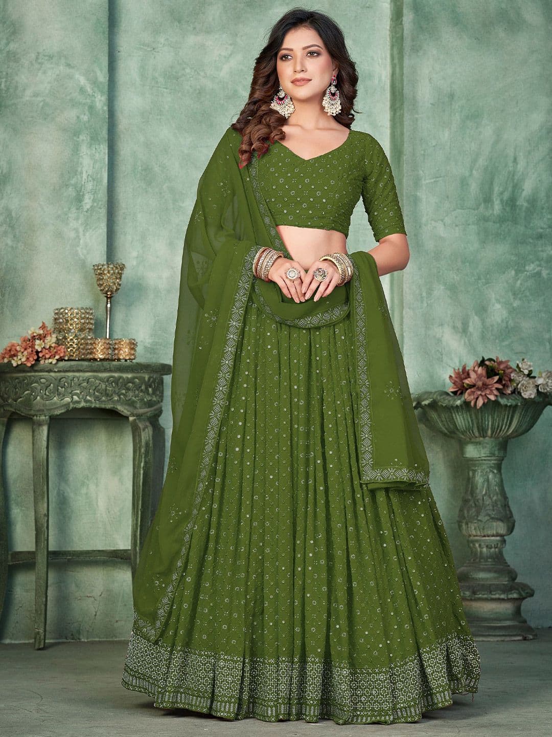 Warthy Ent Embroidered Sequinned Semi-Stitched Lehenga & Unstitched Blouse With Dupatta - view 1