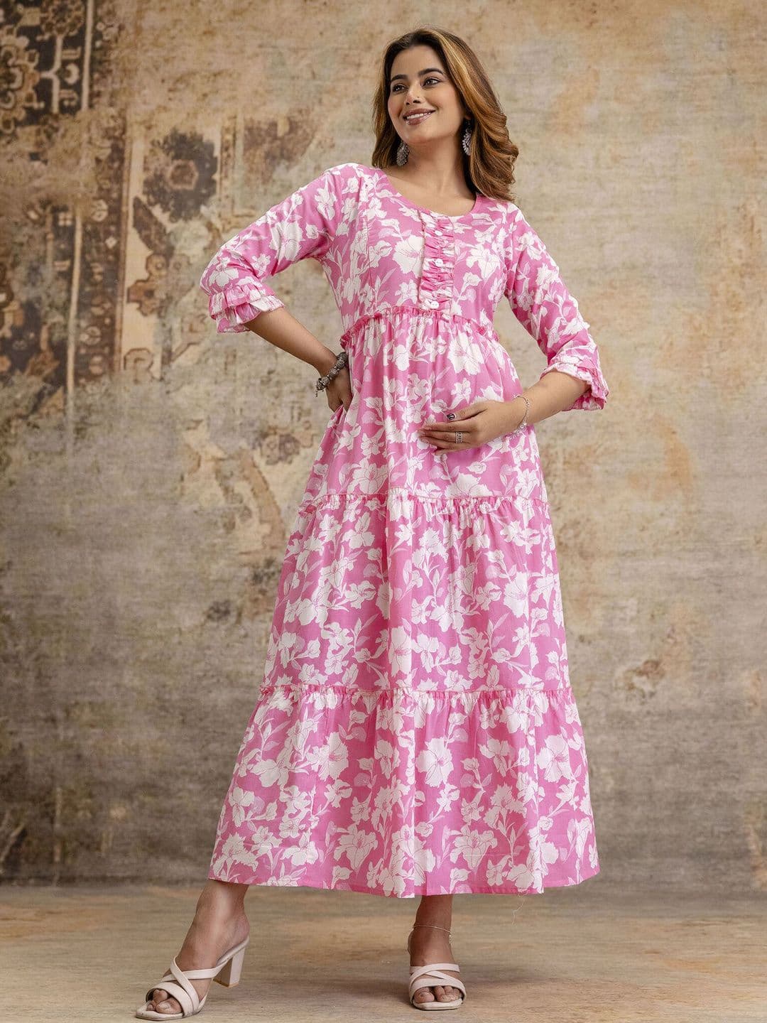 Henal Women Floral Print Maternity Fit & Flare Midi Dress thumbnail 6