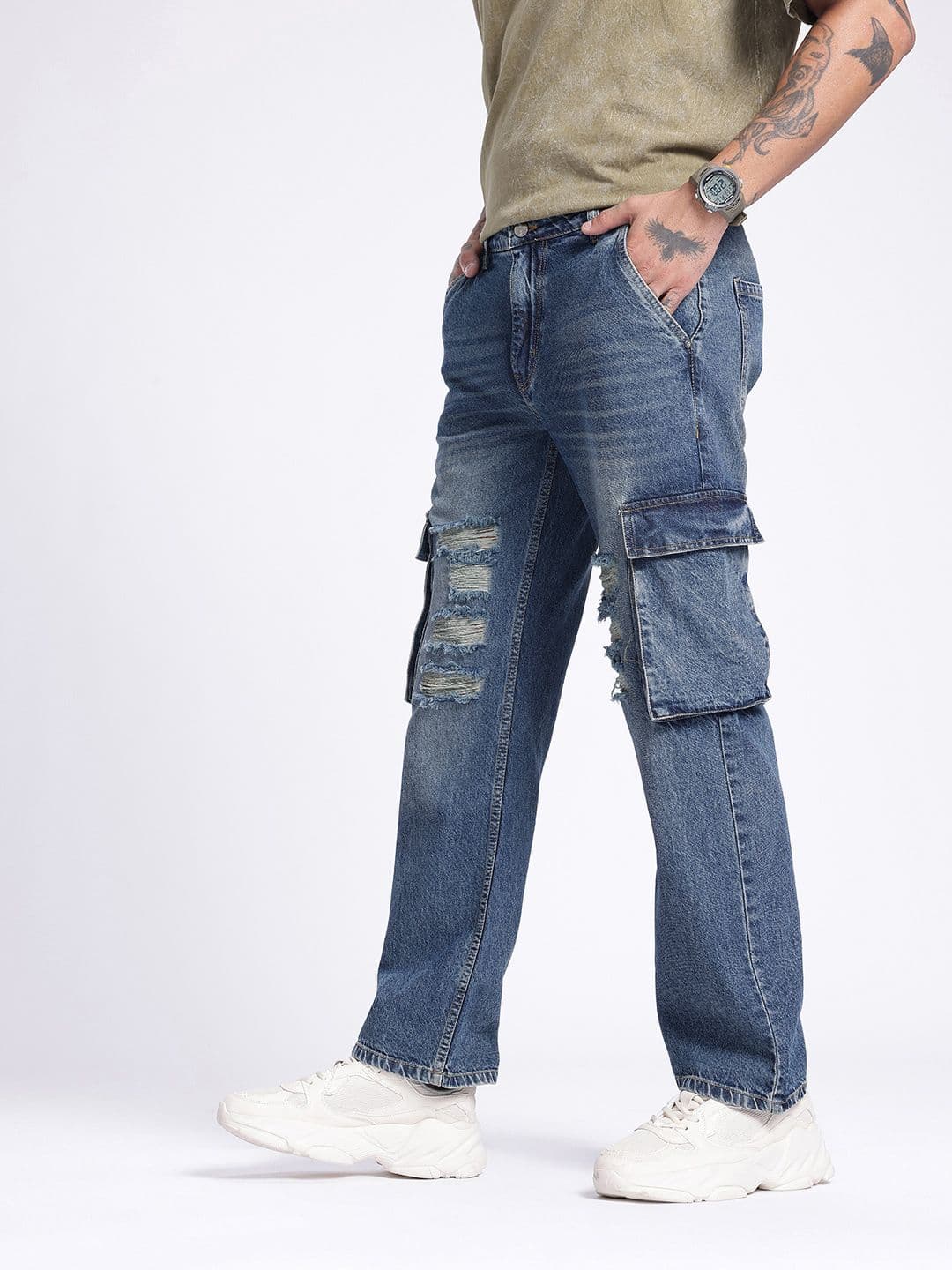glitchez Men Relaxed Fit Ripped Heavy Fade Cargo Jeans thumbnail 6