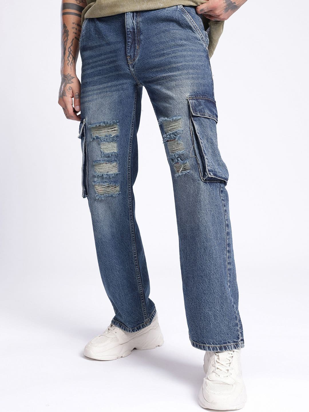 glitchez Men Relaxed Fit Ripped Heavy Fade Cargo Jeans - view 1