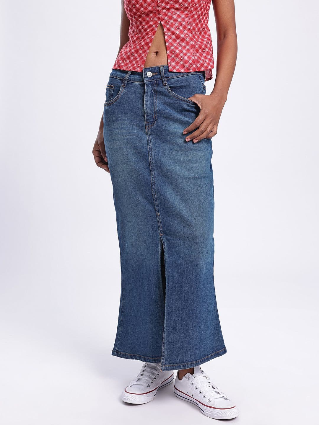 glitchez Front Slit Slim Fit Denim Maxi Skirt thumbnail 6