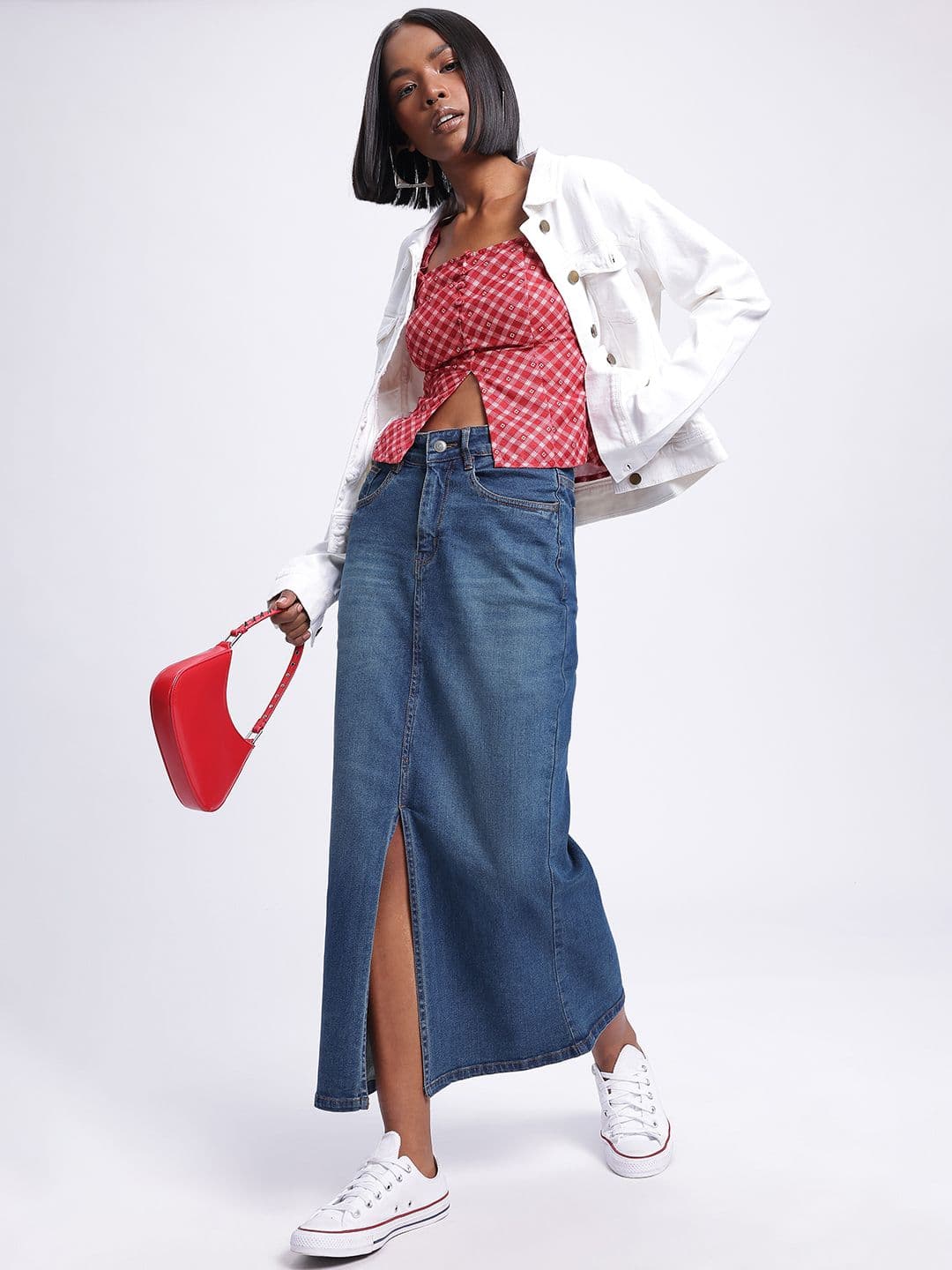 glitchez Front Slit Slim Fit Denim Maxi Skirt thumbnail 5