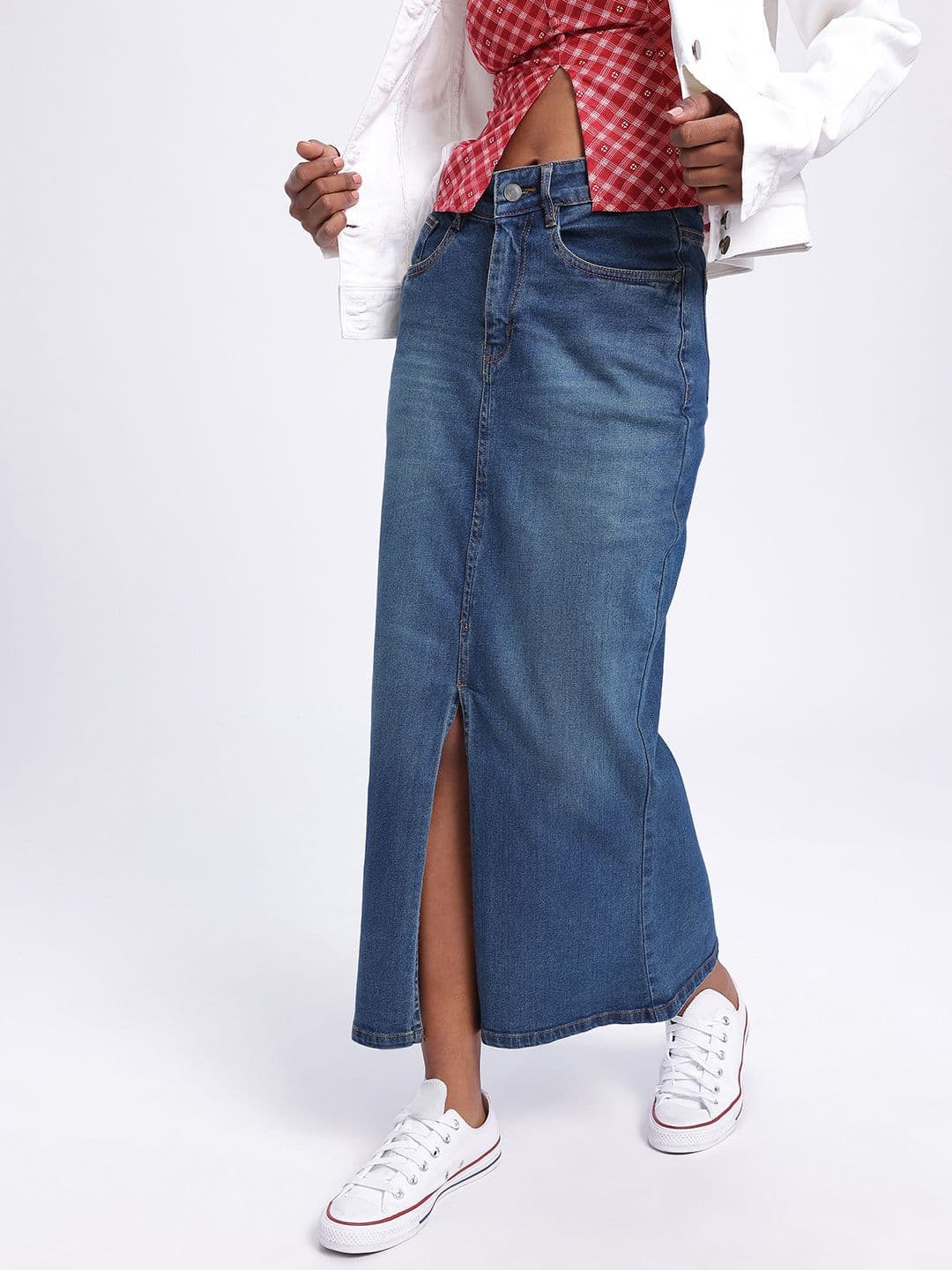 glitchez Front Slit Slim Fit Denim Maxi Skirt - view 1
