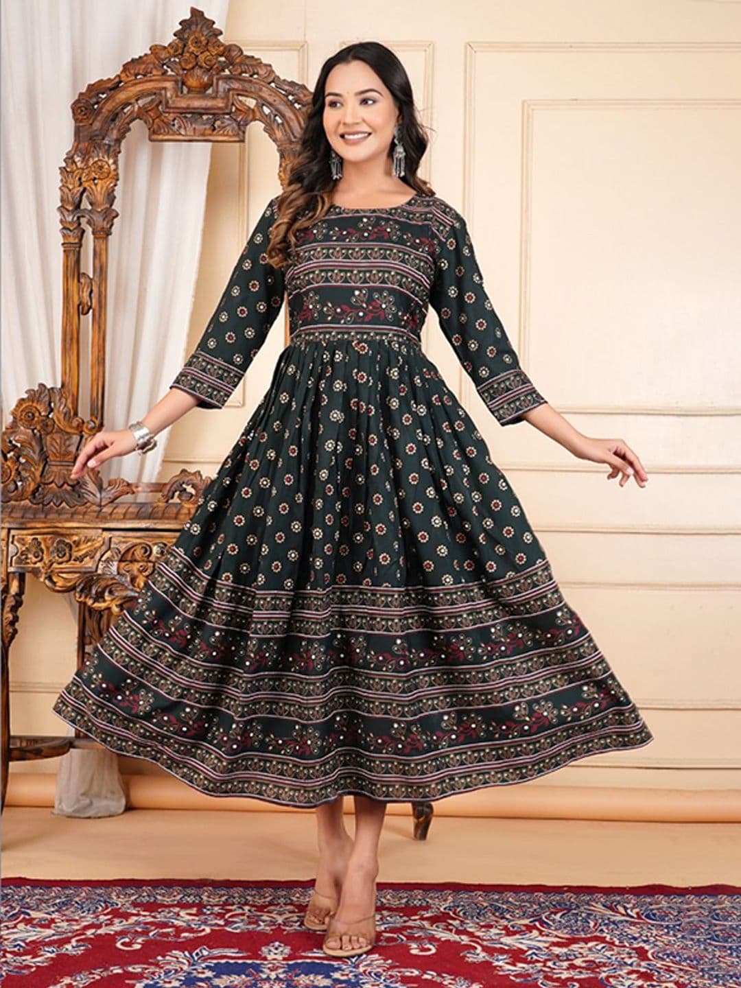 Vorcia Febtex Pack Of 2 Ethnic Motifs Printed Fit and Flare Midi Ethnic Dresses thumbnail 6
