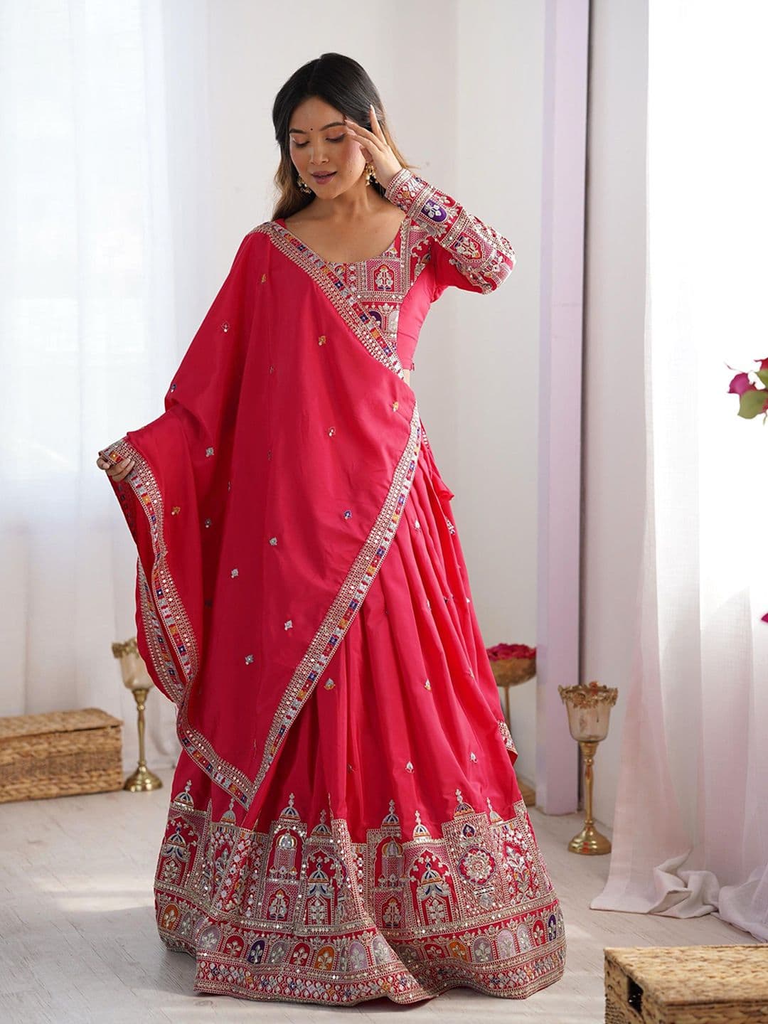 Pandadi Saree Embroidered Sequinned Semi-Stitched Lehenga & Unstitched Blouse With Dupatta thumbnail 4