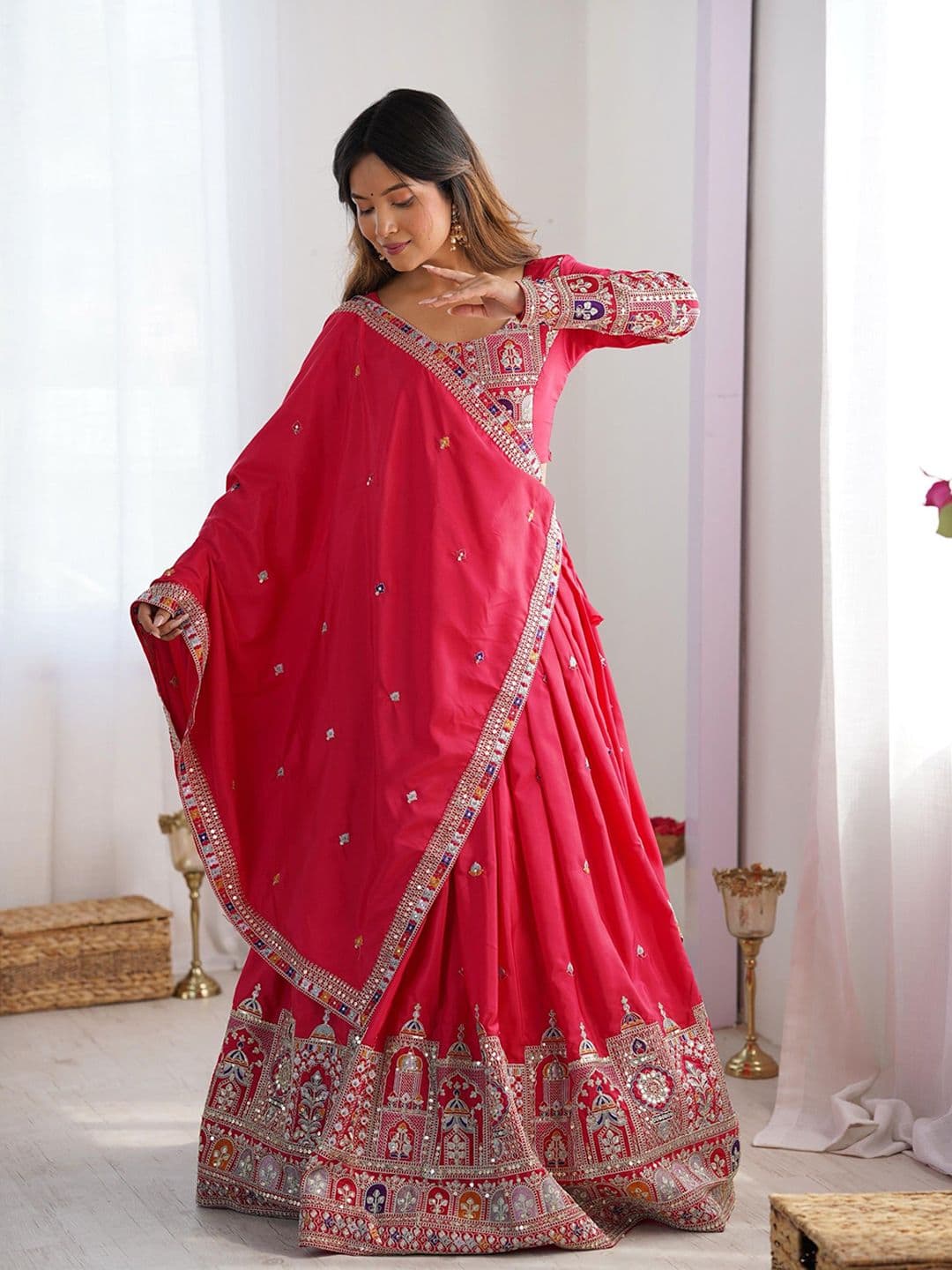 Pandadi Saree Embroidered Sequinned Semi-Stitched Lehenga & Unstitched Blouse With Dupatta thumbnail 5