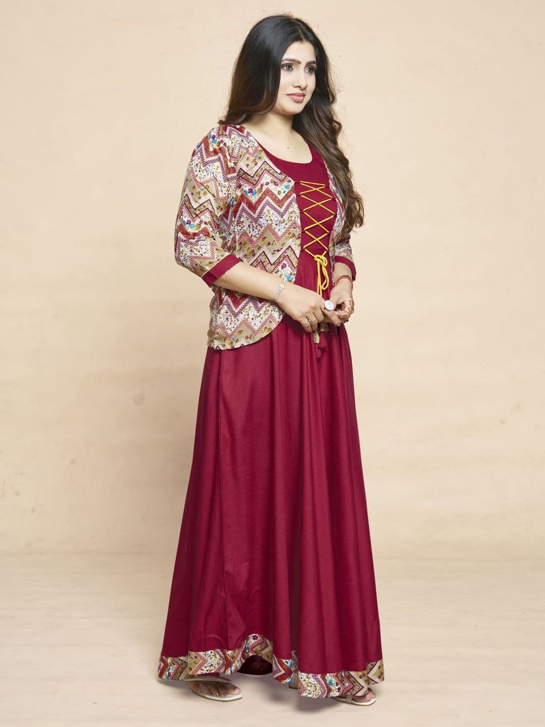 MEESORRA Printed Round Neck Ethnic Dresses With Koti Jacket thumbnail 6