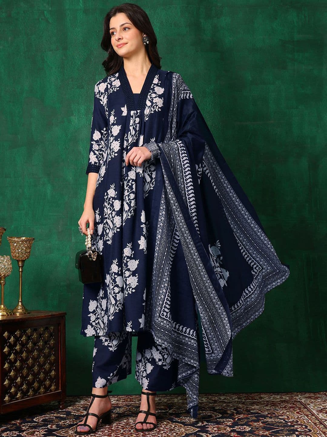 KALINI Women Floral Printed Regular Mirror Work Kurta with Palazzos & With Dupatta thumbnail 6