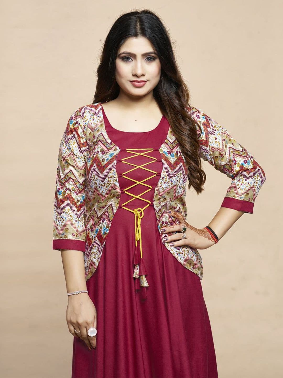 MEESORRA Printed Round Neck Ethnic Dresses With Koti Jacket thumbnail 3