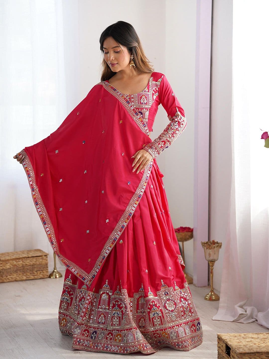 Pandadi Saree Embroidered Sequinned Semi-Stitched Lehenga & Unstitched Blouse With Dupatta thumbnail 3