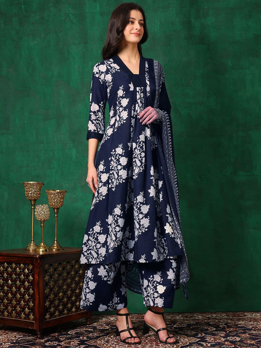 KALINI Women Floral Printed Regular Mirror Work Kurta with Palazzos & With Dupatta thumbnail 2