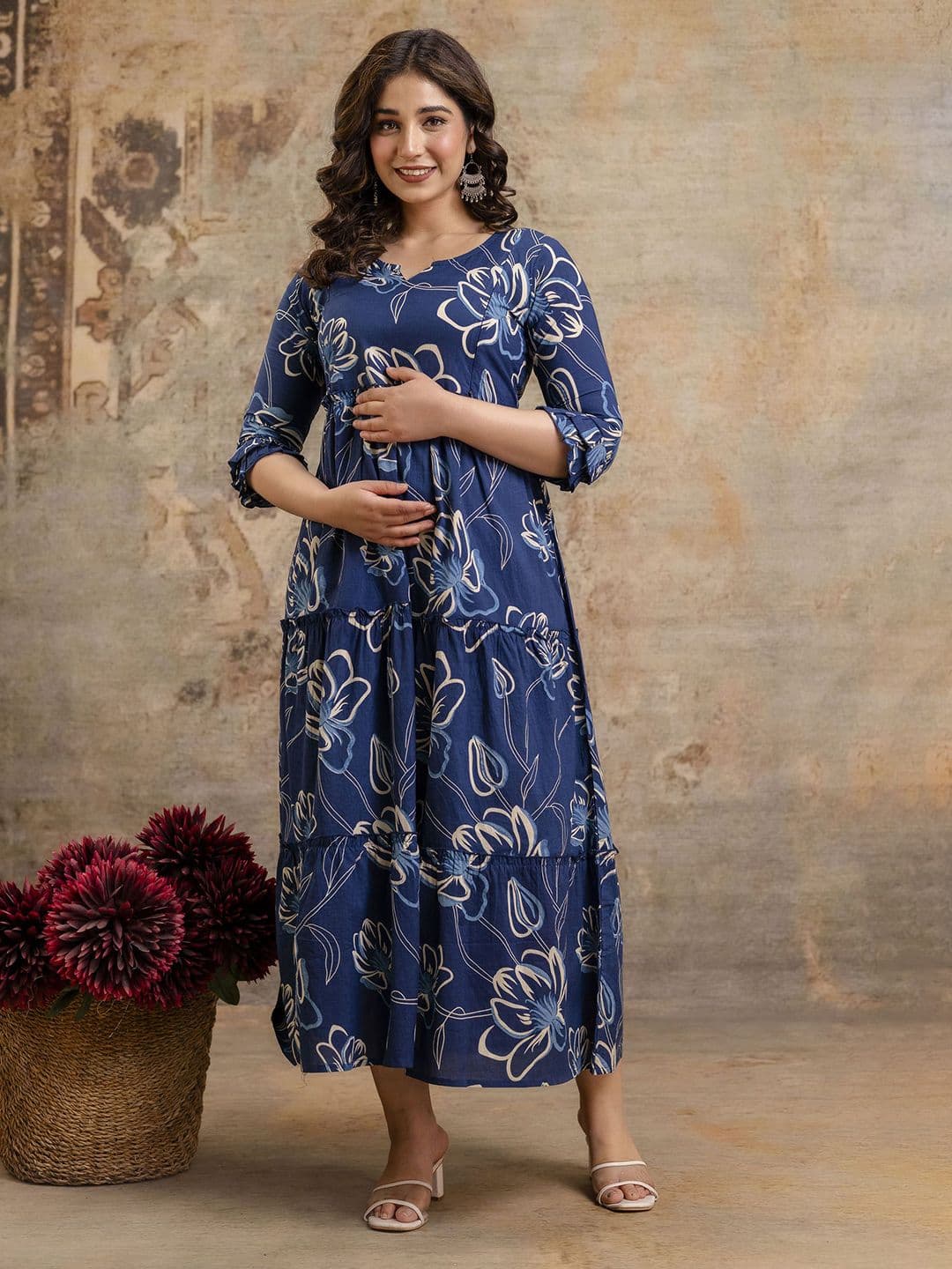 VARICOS Pure Cotton Printed Pregnancy Wear Maternity Maxi Dress With Nursing Zipper thumbnail 7