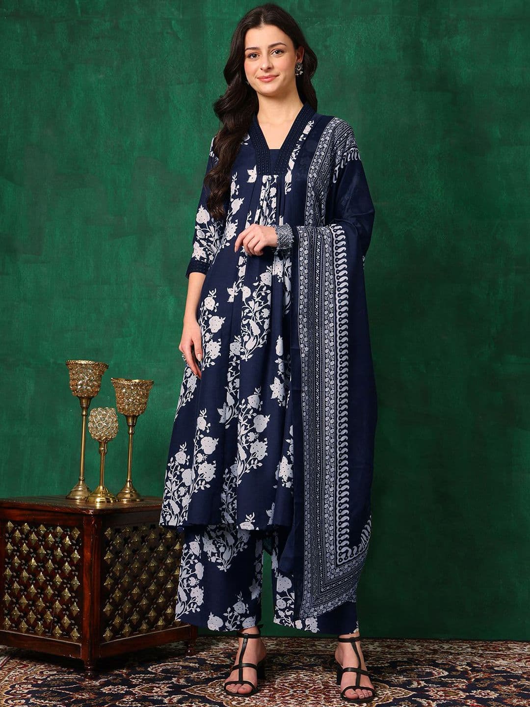 KALINI Women Floral Printed Regular Mirror Work Kurta with Palazzos & With Dupatta - view 1