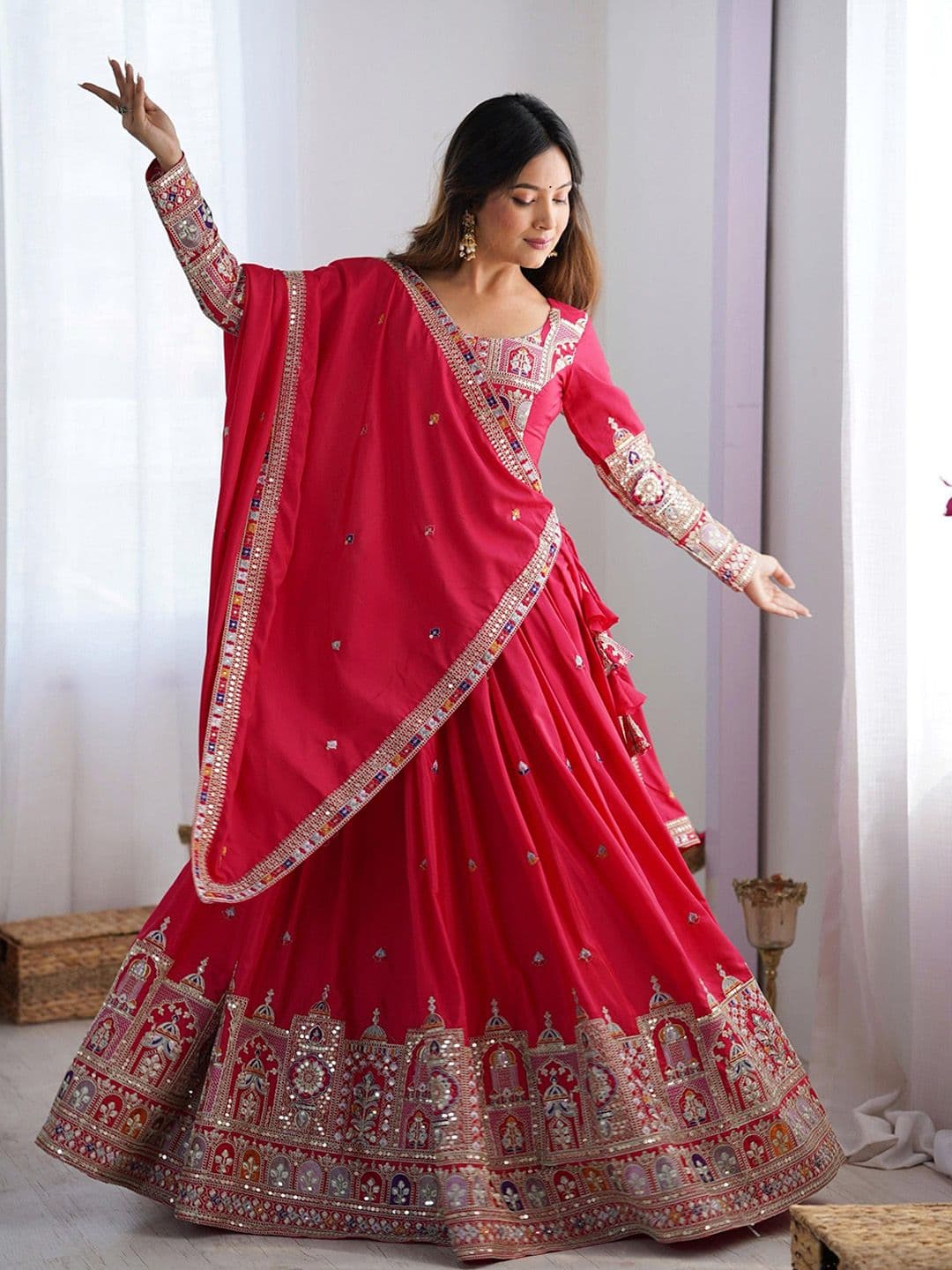 Pandadi Saree Embroidered Sequinned Semi-Stitched Lehenga & Unstitched Blouse With Dupatta - view 1