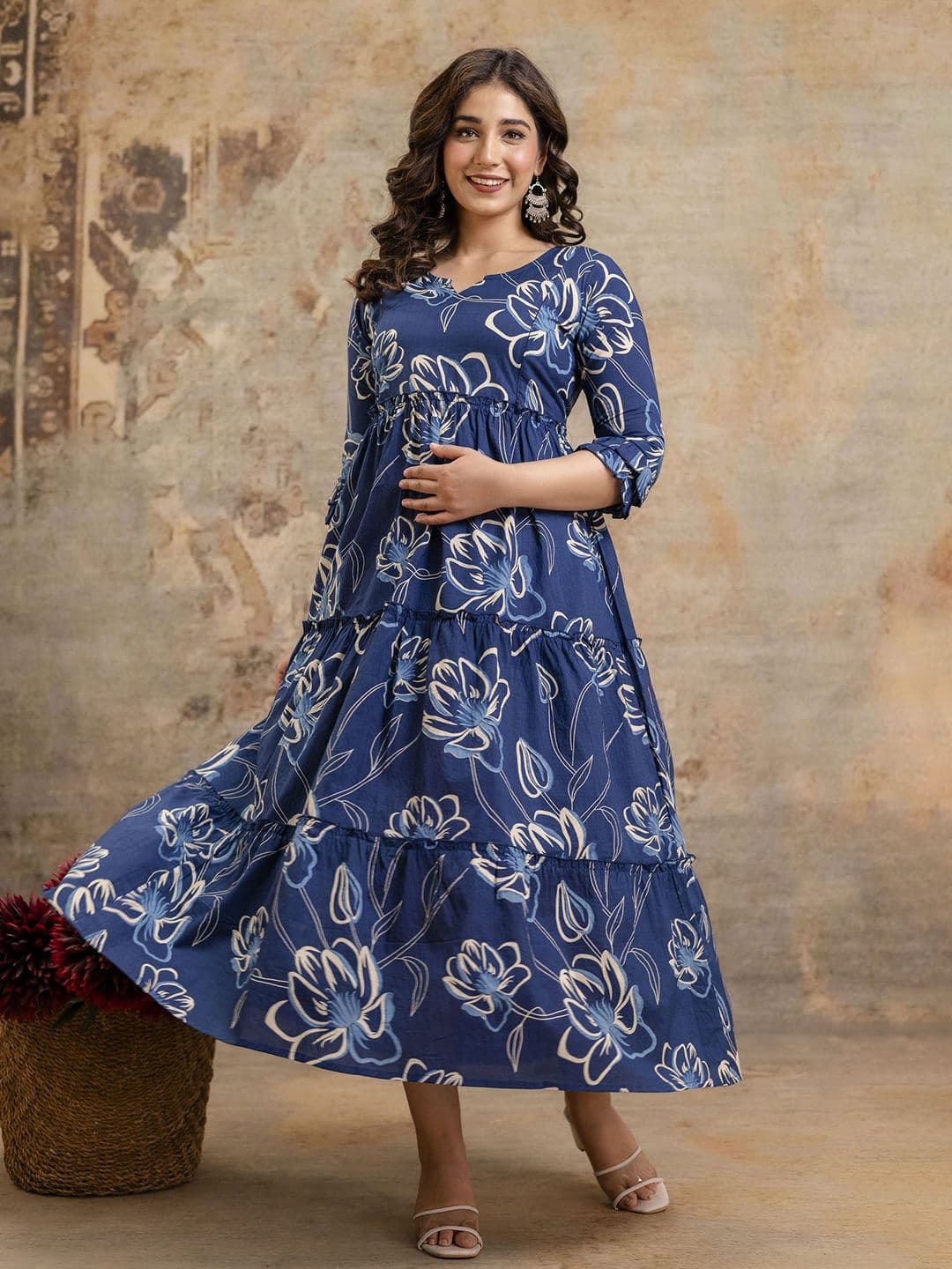 VARICOS Pure Cotton Printed Pregnancy Wear Maternity Maxi Dress With Nursing Zipper thumbnail 3