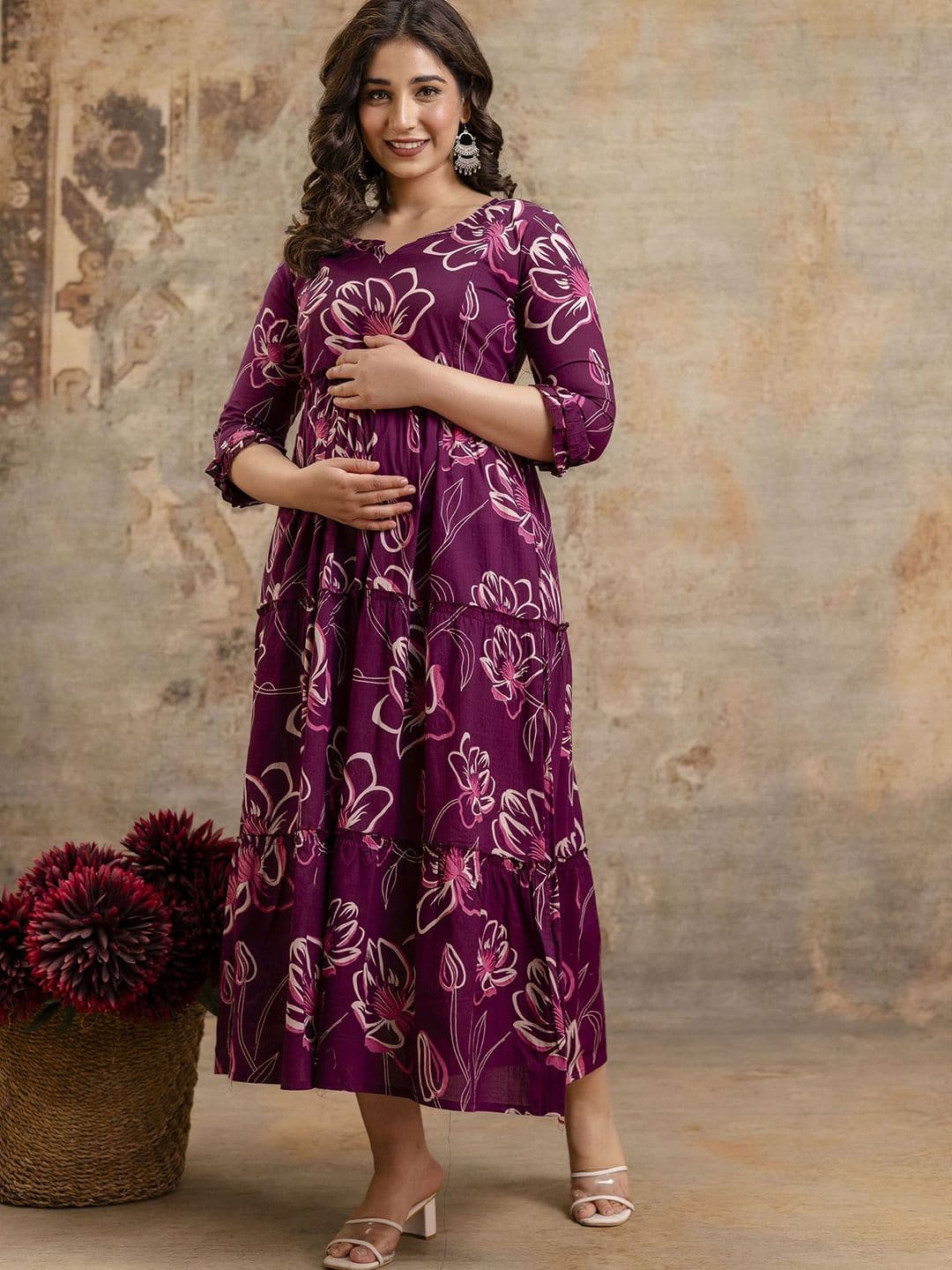 VARICOS Pure Cotton Printed Pregnancy Wear Maternity Maxi Dress With Nursing Zipper thumbnail 2