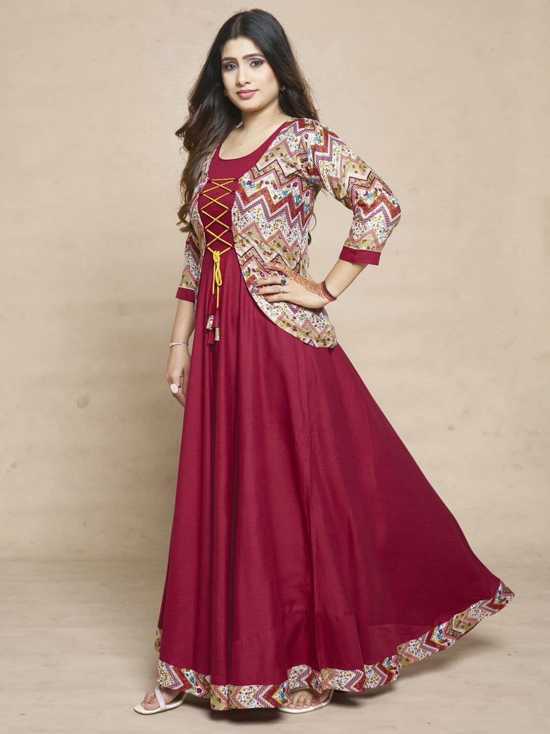 MEESORRA Printed Round Neck Ethnic Dresses With Koti Jacket thumbnail 5
