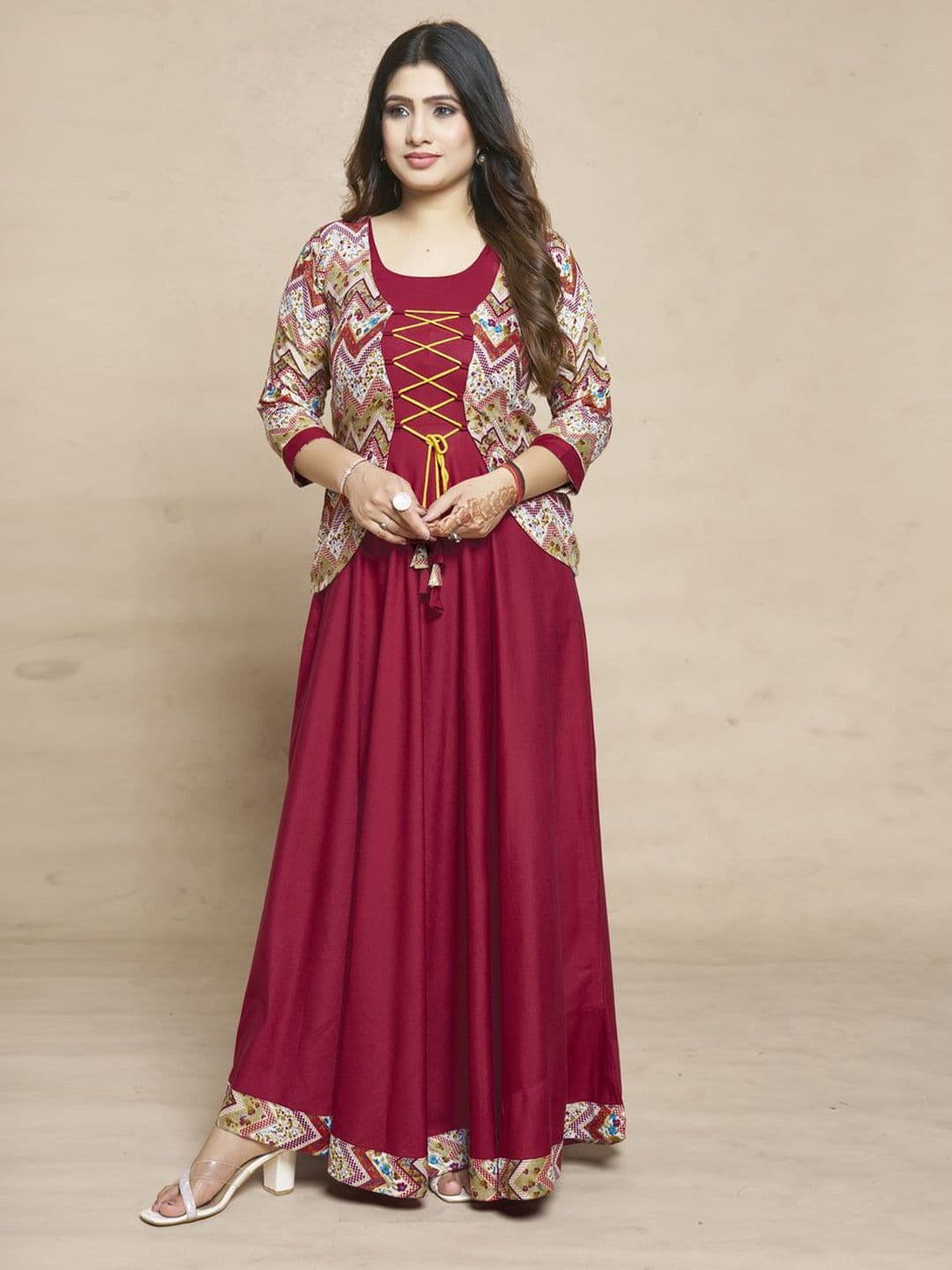 MEESORRA Printed Round Neck Ethnic Dresses With Koti Jacket - view 1