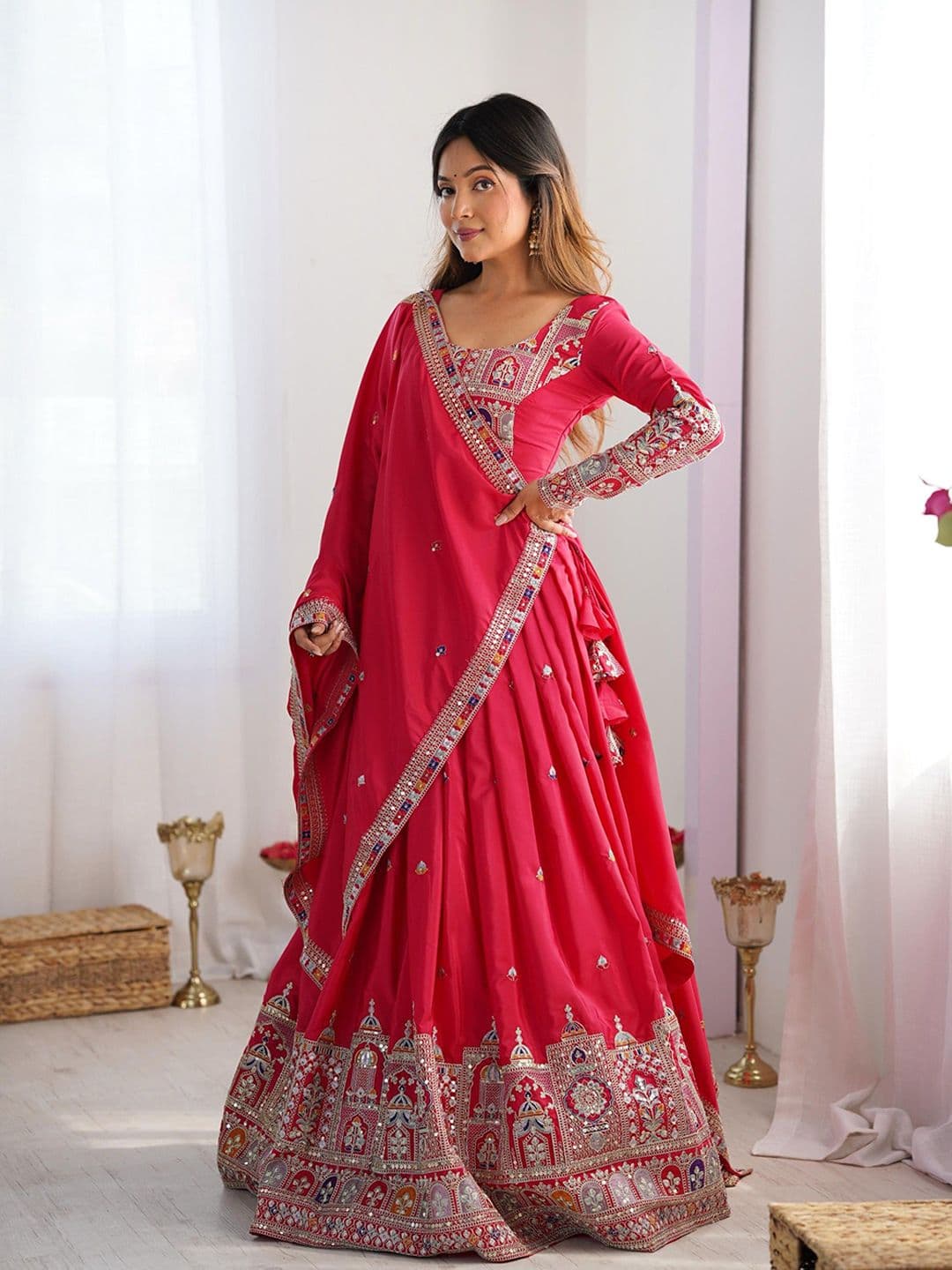 Pandadi Saree Embroidered Sequinned Semi-Stitched Lehenga & Unstitched Blouse With Dupatta thumbnail 7