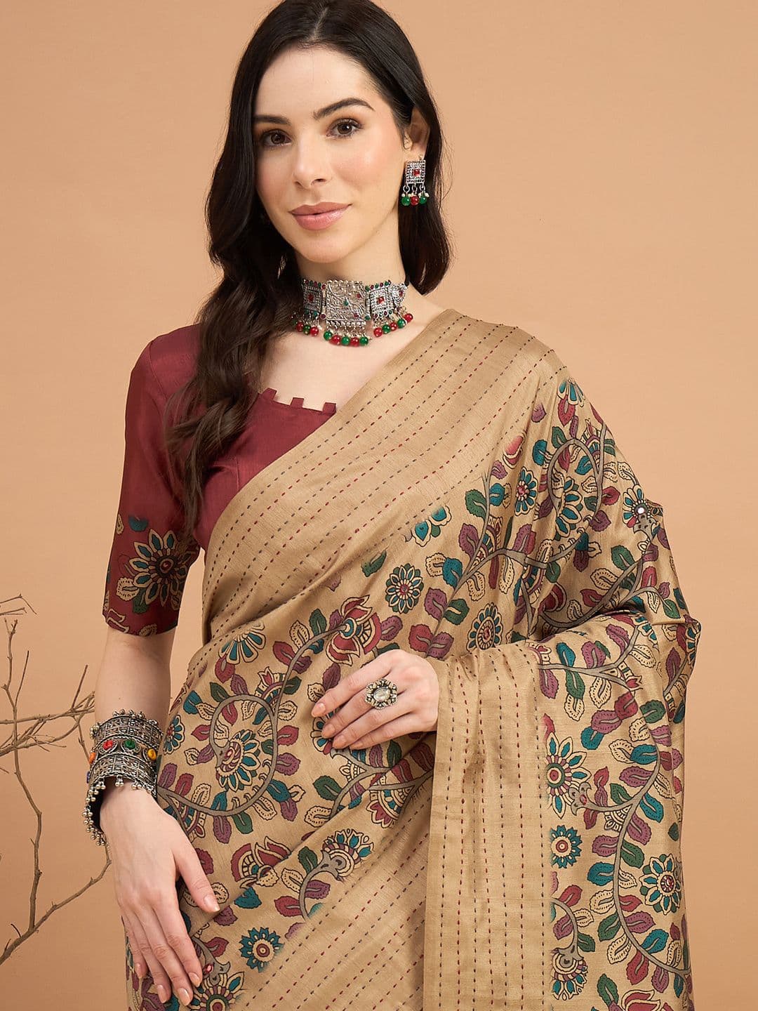 Saree mall Floral Kantha Work Silk Blend Tussar Sarees - view 1