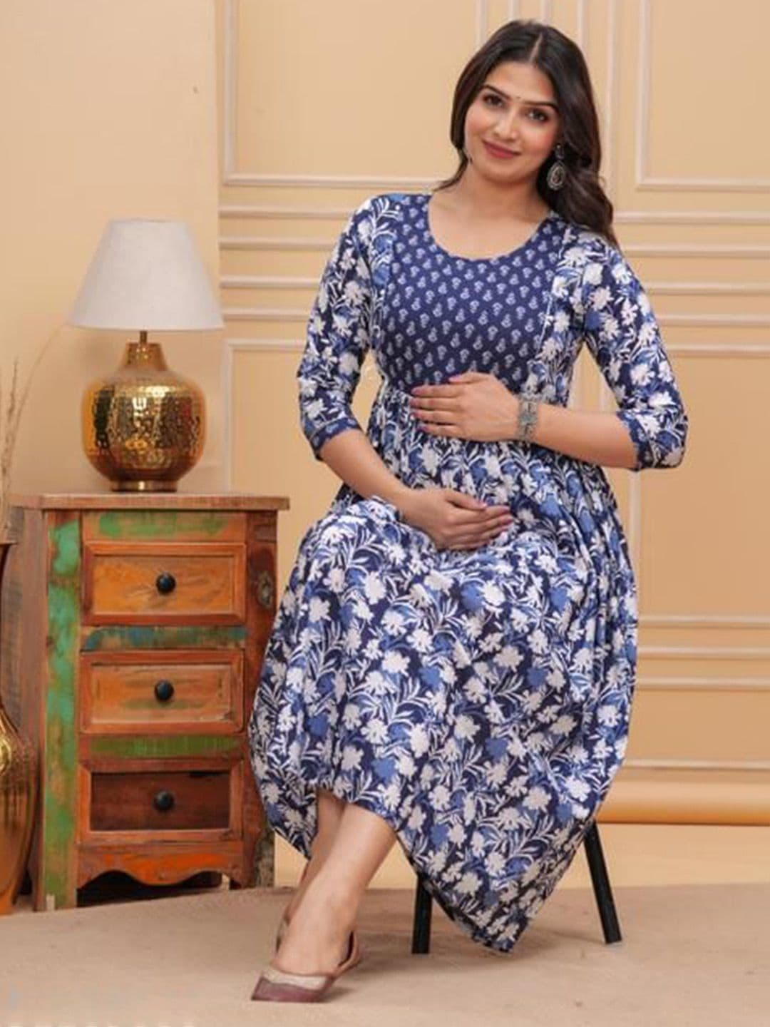 JALTHER Floral Printed Round Neck Fit and Flare Maternity Ethnic Dress thumbnail 5