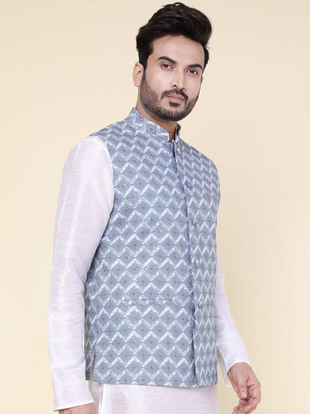 W & G Woven Design Mandarin Collar Nehru Jacket thumbnail 3