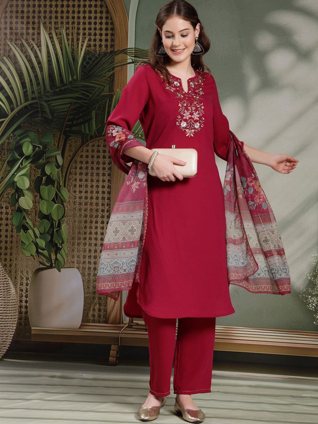 Nayam By Lakshita Solid Embroidered Straight Calf Length Silk Kurta Set with Dupatta for Women thumbnail 3